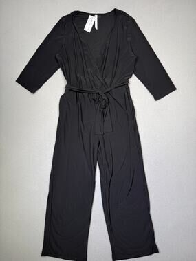 NY Collection Petite 3/4 Sleeve Belted Wide Leg Jumpsuit Black PXL $65